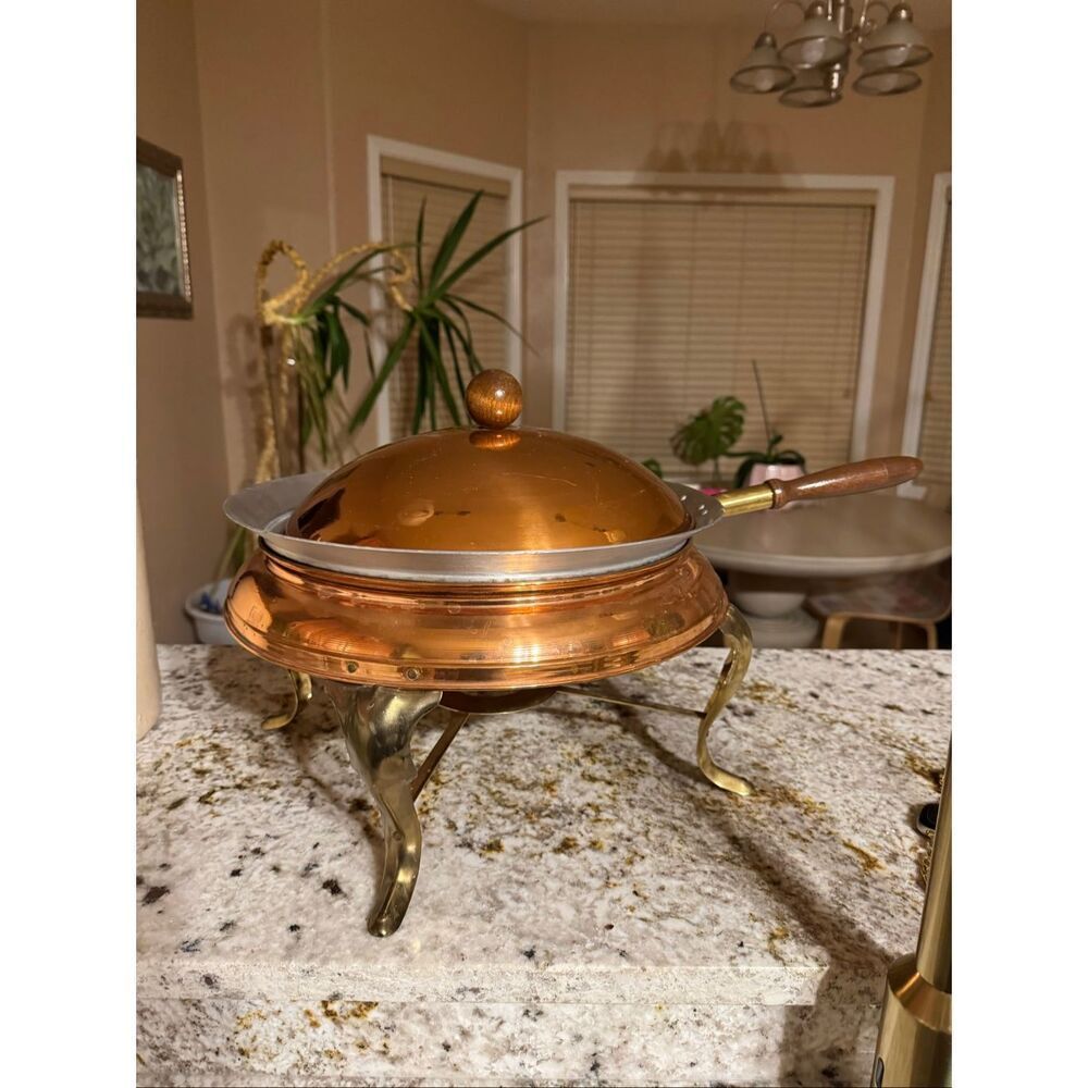 Vintage copper chafing dish 11” food warmer wooden handle